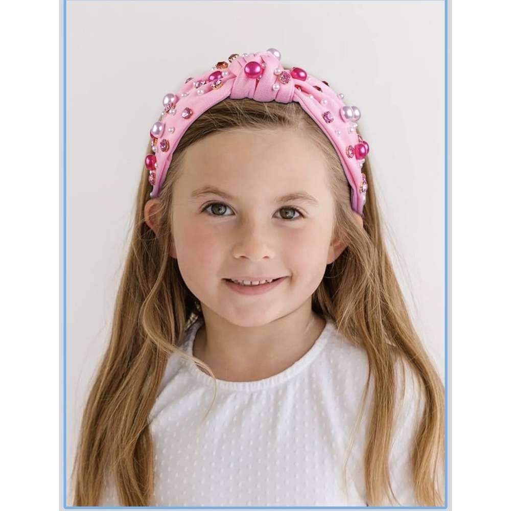 Pink Knotted Headband with Heart Crystals and Rhinestones for Girls and Women